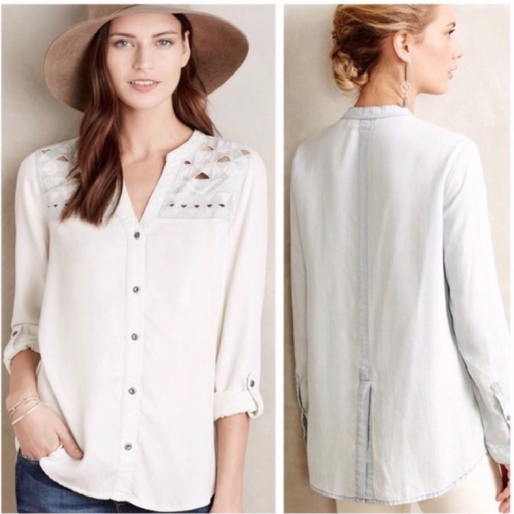 Anthropologie Holding Horses Chambray Cut Out Shirt Size S Small Long Sleeve.